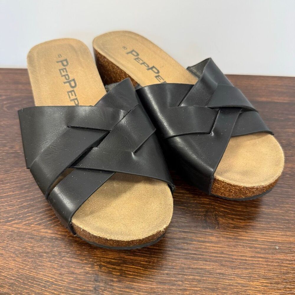 PepPep Womens black cork low wedge slide size 8